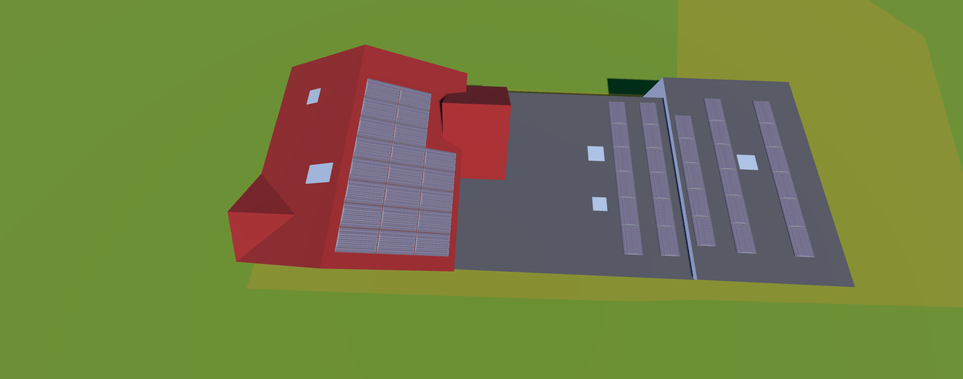 Commercial solar installer Bispham - 3D side view model showing pitched roof and flat roof panel placement