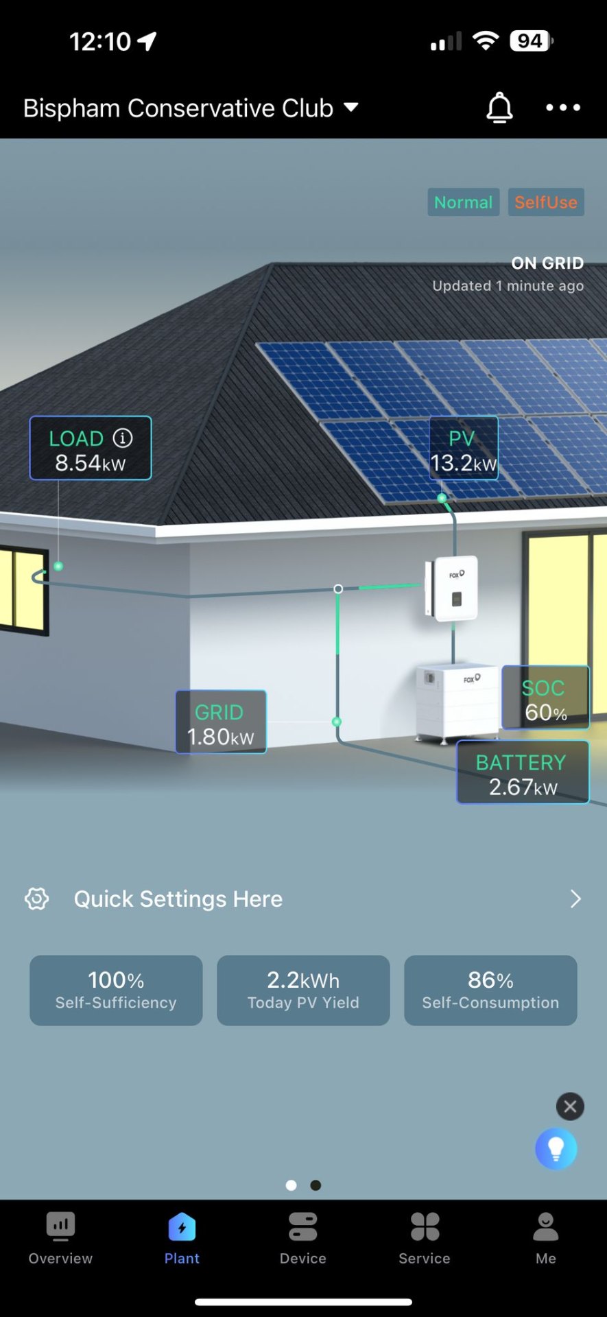 Commercial solar installer Bispham - Fox ESS monitoring app showing system performance