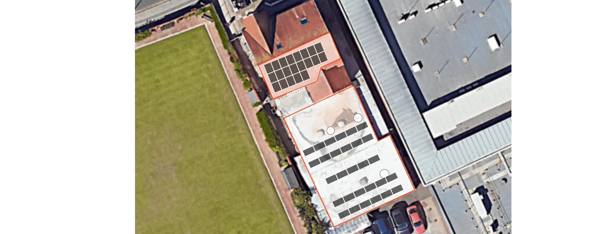 Commercial solar installer Bispham - aerial view showing precise panel layout measurements and placement
