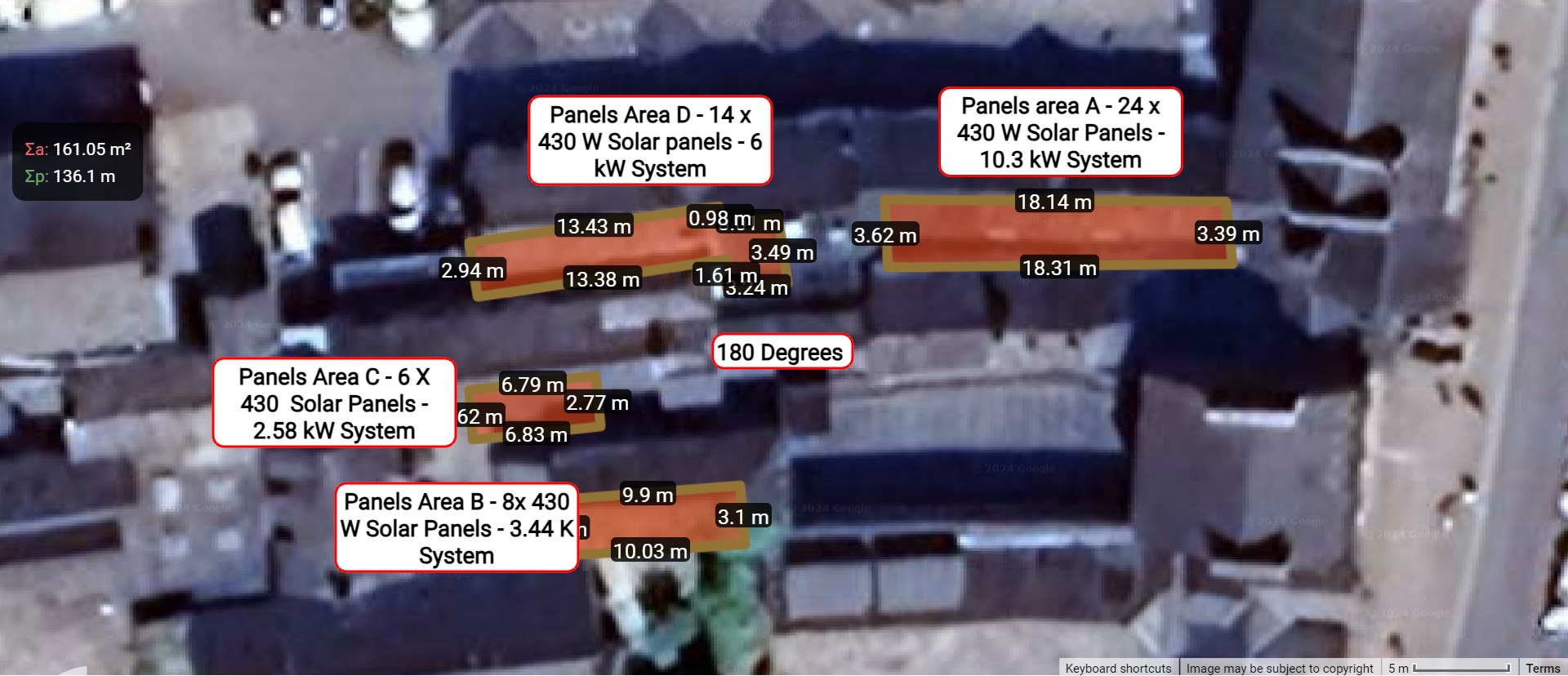 Kendal listed building solar panel measurement layout showing 4 roof areas with precise dimensions