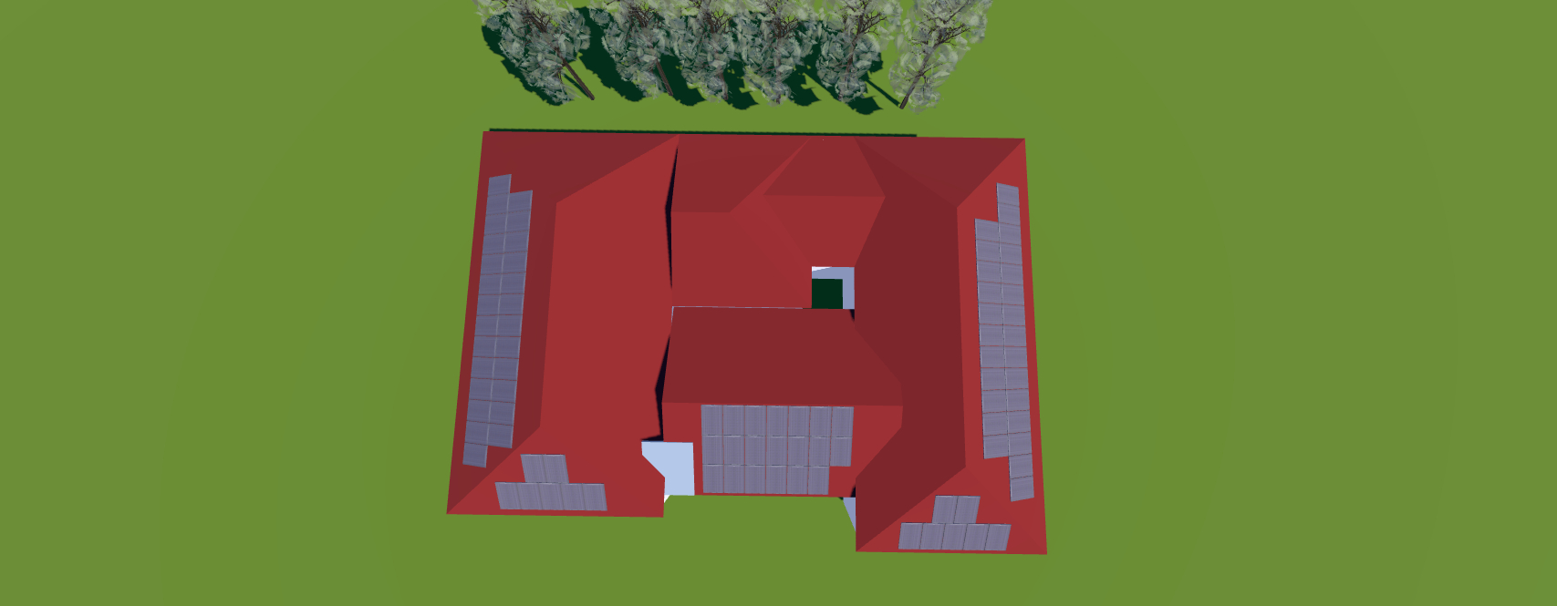 Commercial solar installer 3D visualization of solar panel system for Swineshead Medical Group showing realistic representation of 44.44kWp installation across medical centre roofs