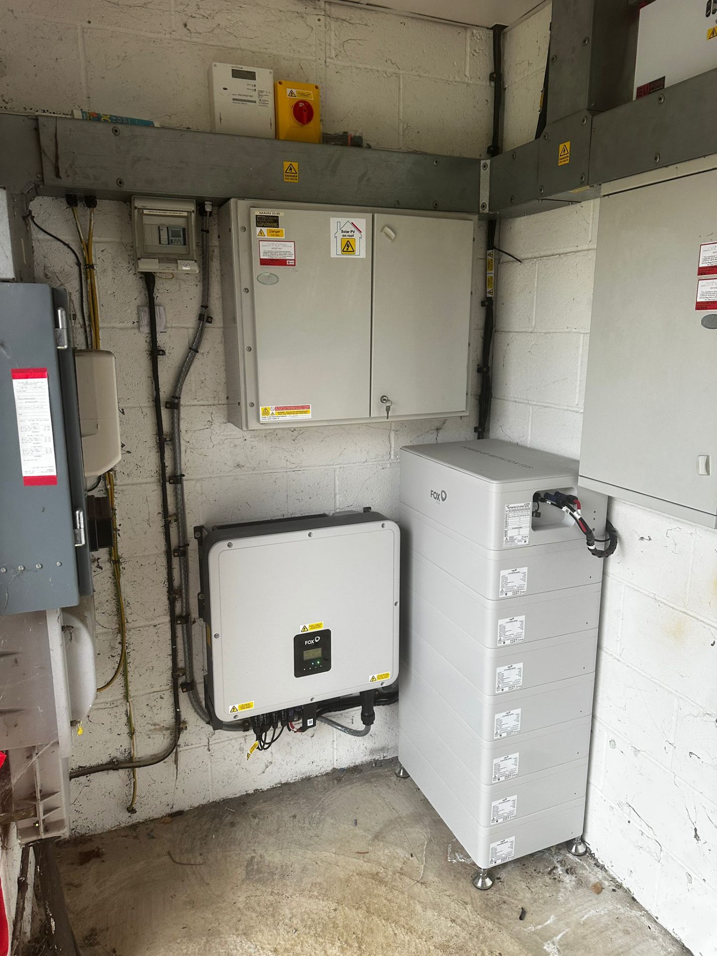 Commercial solar installer Fox ESS hybrid inverter and battery storage system at Swineshead Medical Group