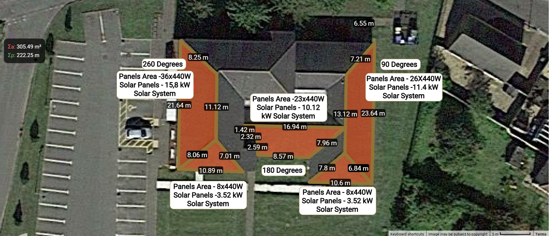 Commercial solar installer detailed roof measurements and solar panel placement analysis for Swineshead Medical Group showing 44.44kWp system layout across five roof sections