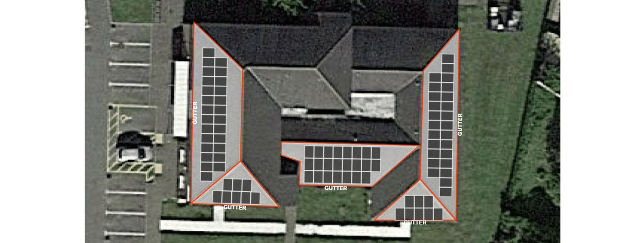 Commercial solar installer optimized panel layout design for Swineshead Medical Group showing 101 premium 440W black solar panels positioned across multiple roof sections